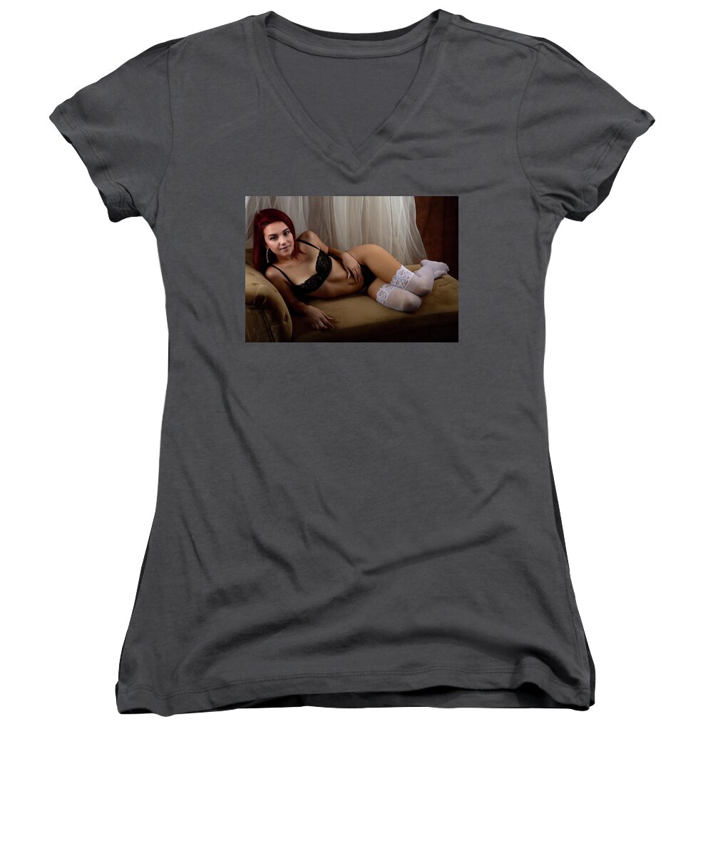 Lady Women's V-Neck featuring the photograph Boudoir session by Keith Lovejoy