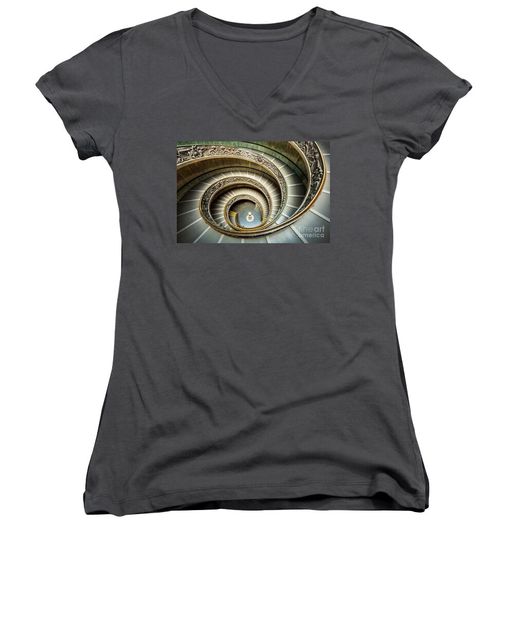 Bramante Staircase Women's V-Neck featuring the photograph Bramante Spiral Staircase Vatican City by Neale And Judith Clark