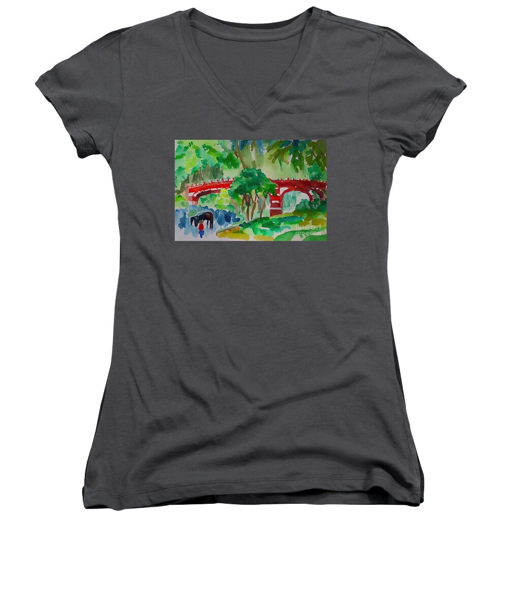  Women's V-Neck featuring the painting Bridge Central Park Painting Bridge Trees Manhattan Central Park New York Park Grass Green Red access architecture art arts asia beautiful building buildings city east asia exterior facade far east by N Akkash