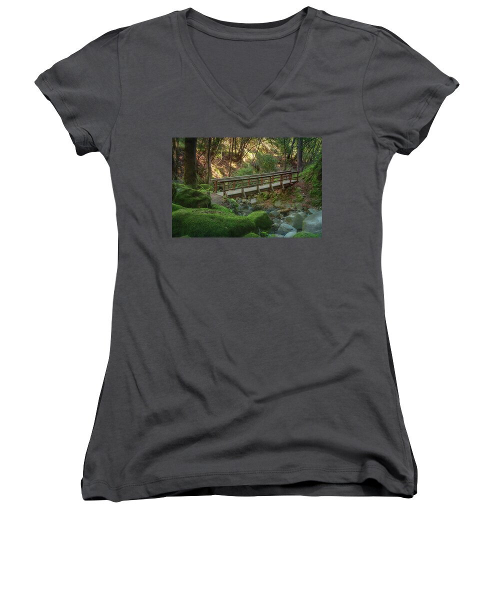 Color Women's V-Neck featuring the photograph Bridge in the Moss by Laura Macky