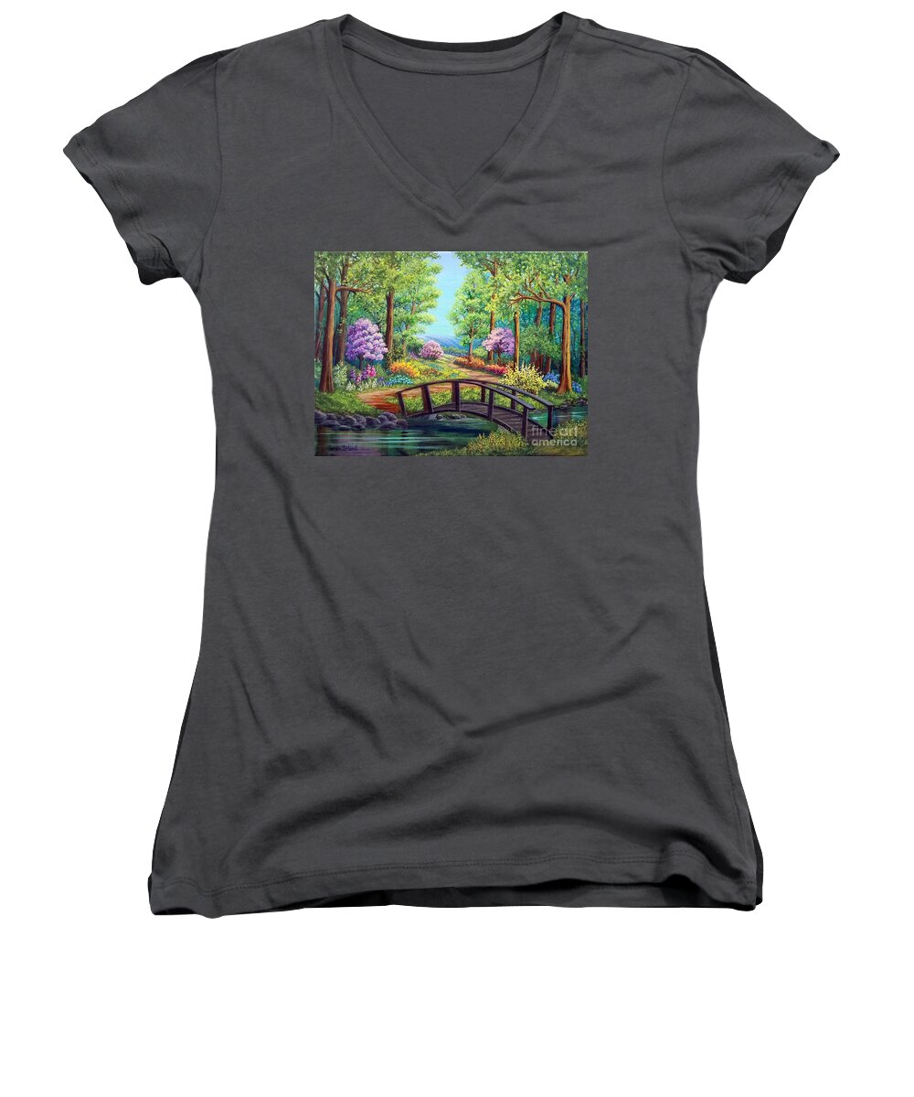 Bridge Women's V-Neck featuring the painting Bridge to Spring by Sarah Irland