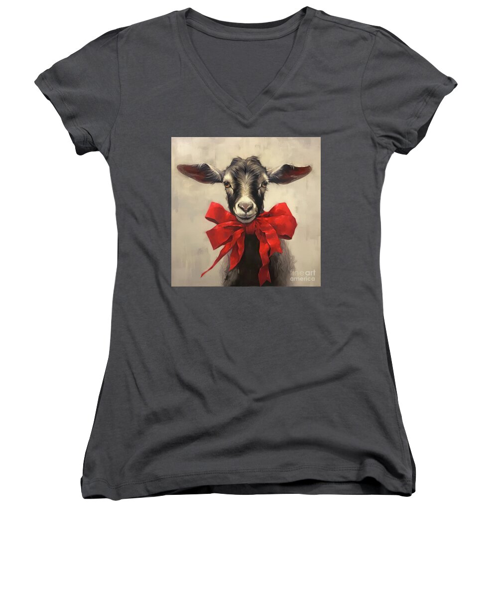 Goat Women's V-Neck featuring the painting Buckley And His Bow by Tina LeCour