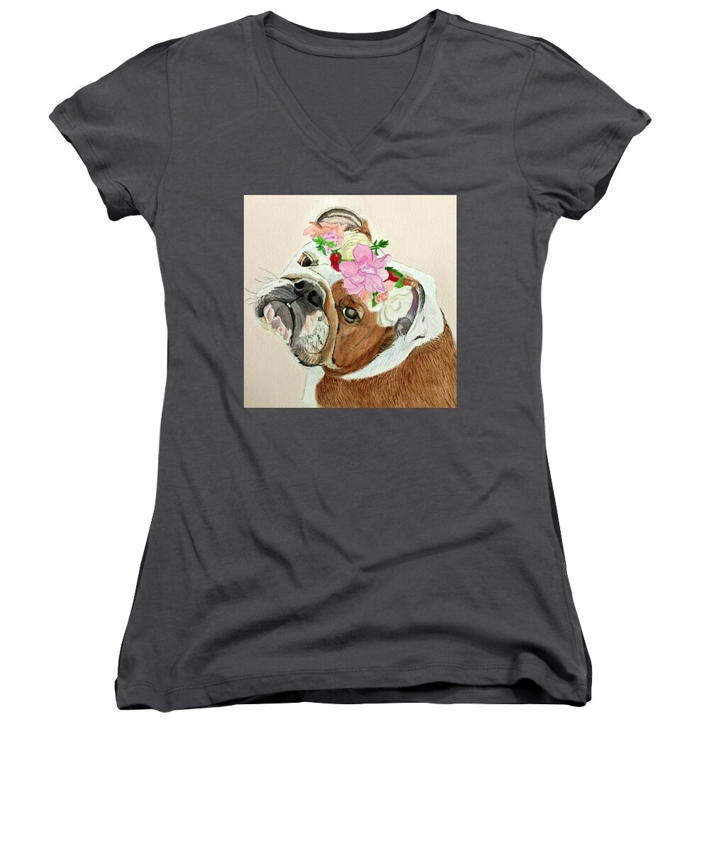 Bulldog Women's V-Neck featuring the painting Bulldog Bridesmaid by Sonja Jones