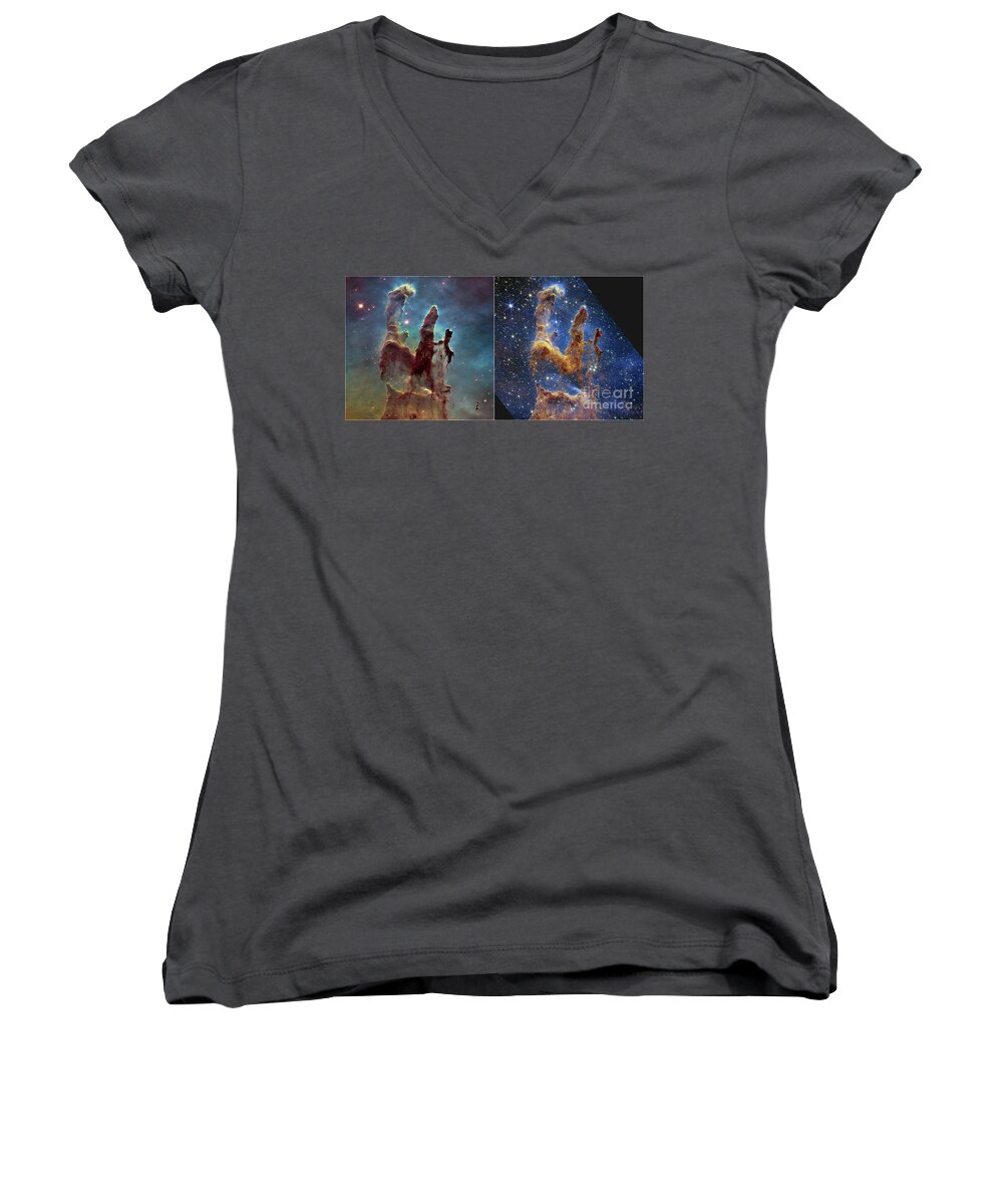 August Women's V-Neck featuring the photograph Pillars of Creation, JWST and Hubble images by Science Photo Library