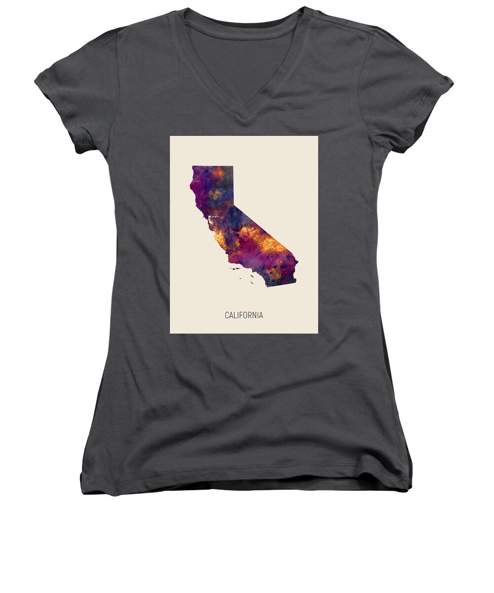 California Women's V-Neck featuring the digital art California Watercolor Map #95 by Michael Tompsett