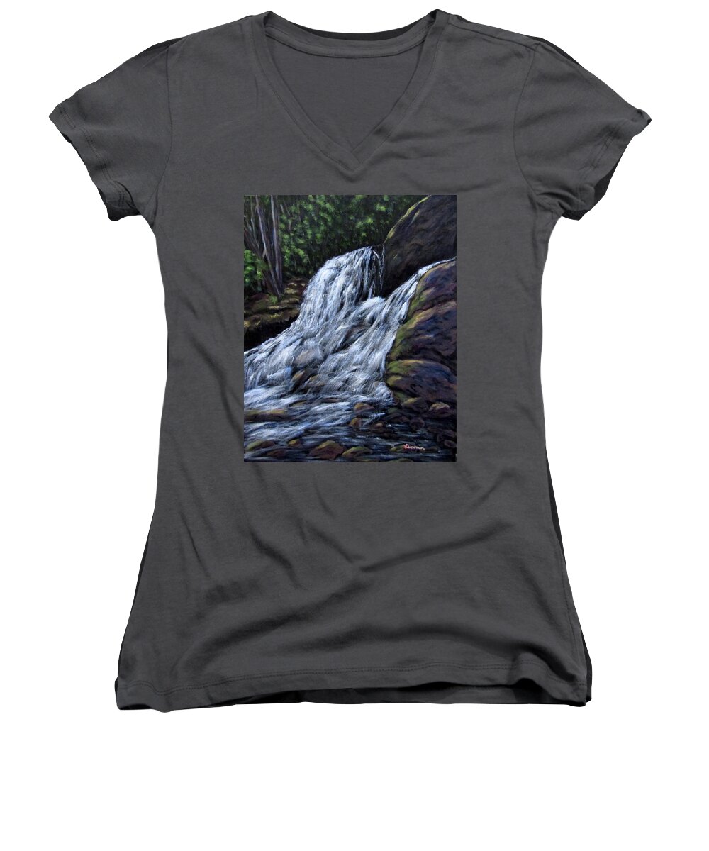 Waterfall Women's V-Neck featuring the painting Carson Creek Falls by Sandy Hemmer