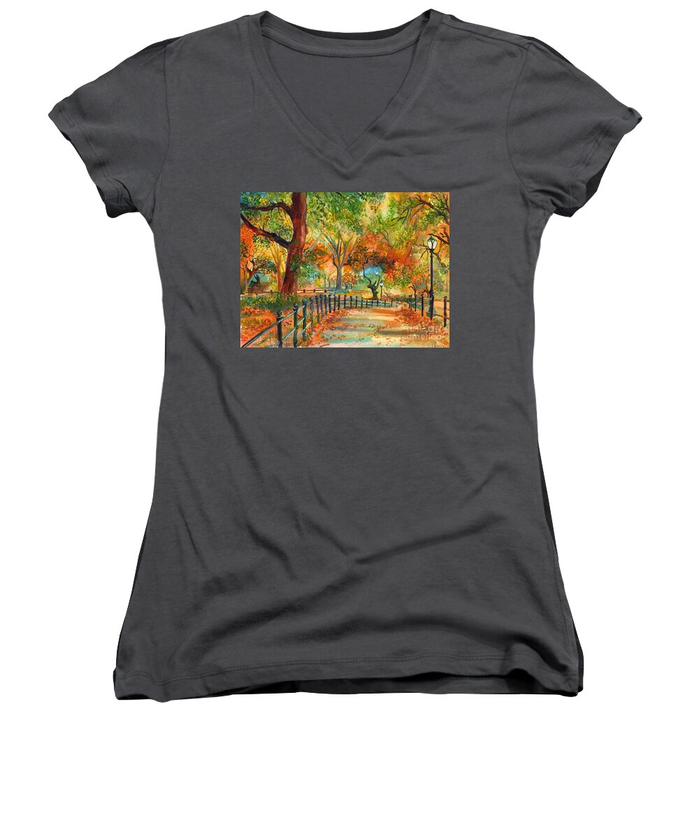 Central Park Women's V-Neck featuring the painting Central Park Autumn In New York City by Suzann Sines
