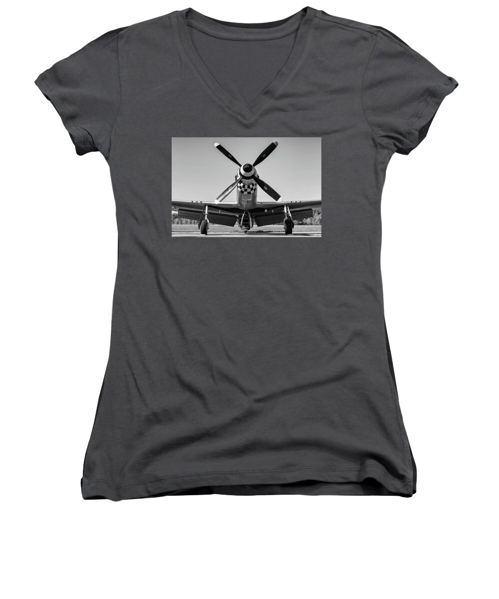 P51 Women's V-Neck featuring the photograph Checkered Mustang by Chris Buff