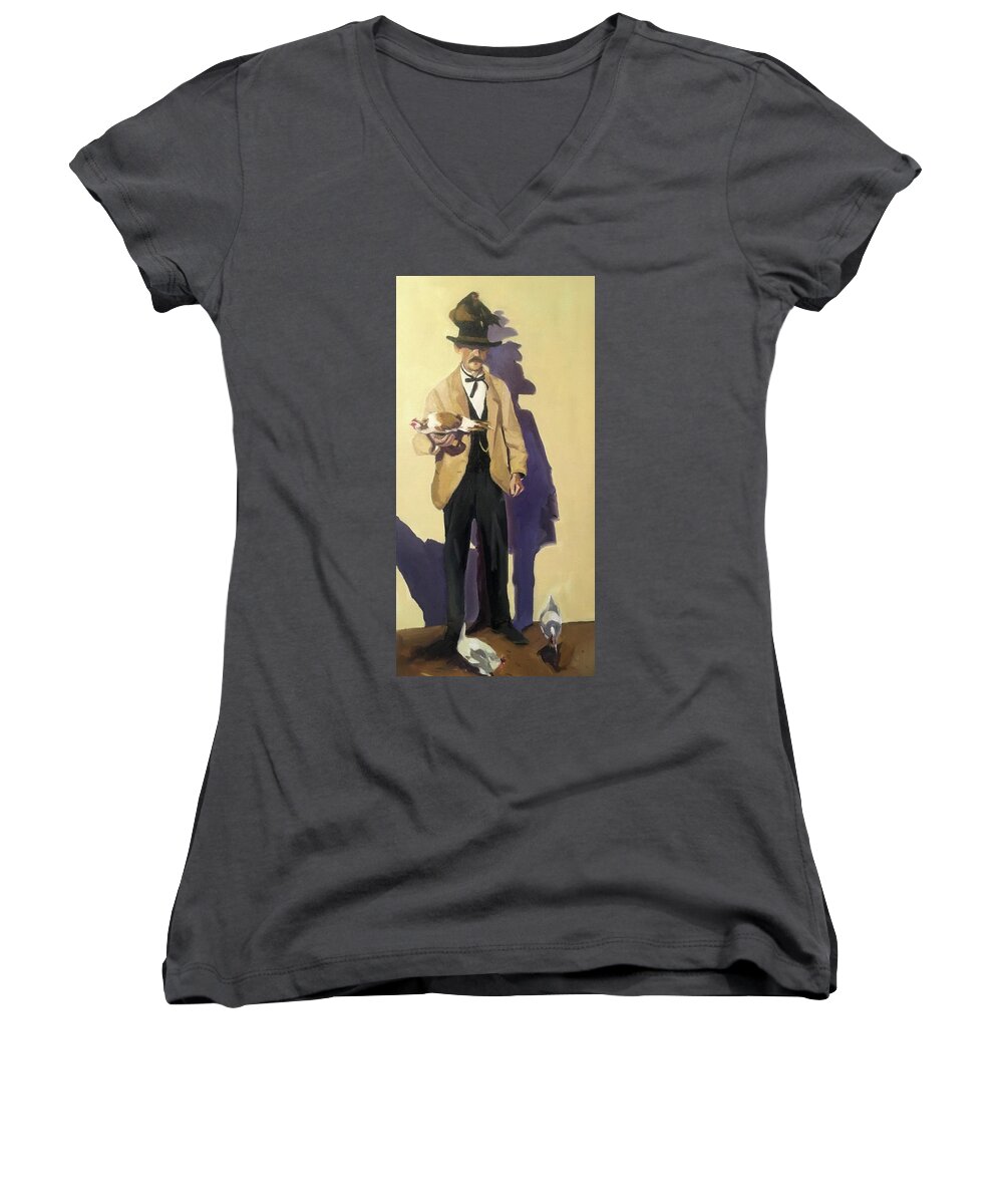 Chicken Man Women's V-Neck featuring the painting Chicken Man by Chris Gholson