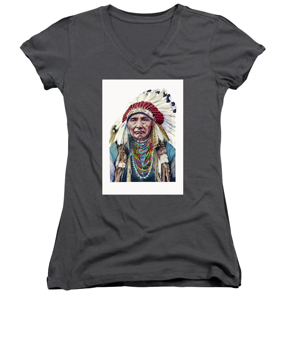 Chief Joseph Women's V-Neck featuring the painting Chief Joseph Portrait in Watercolors by Greta Corens