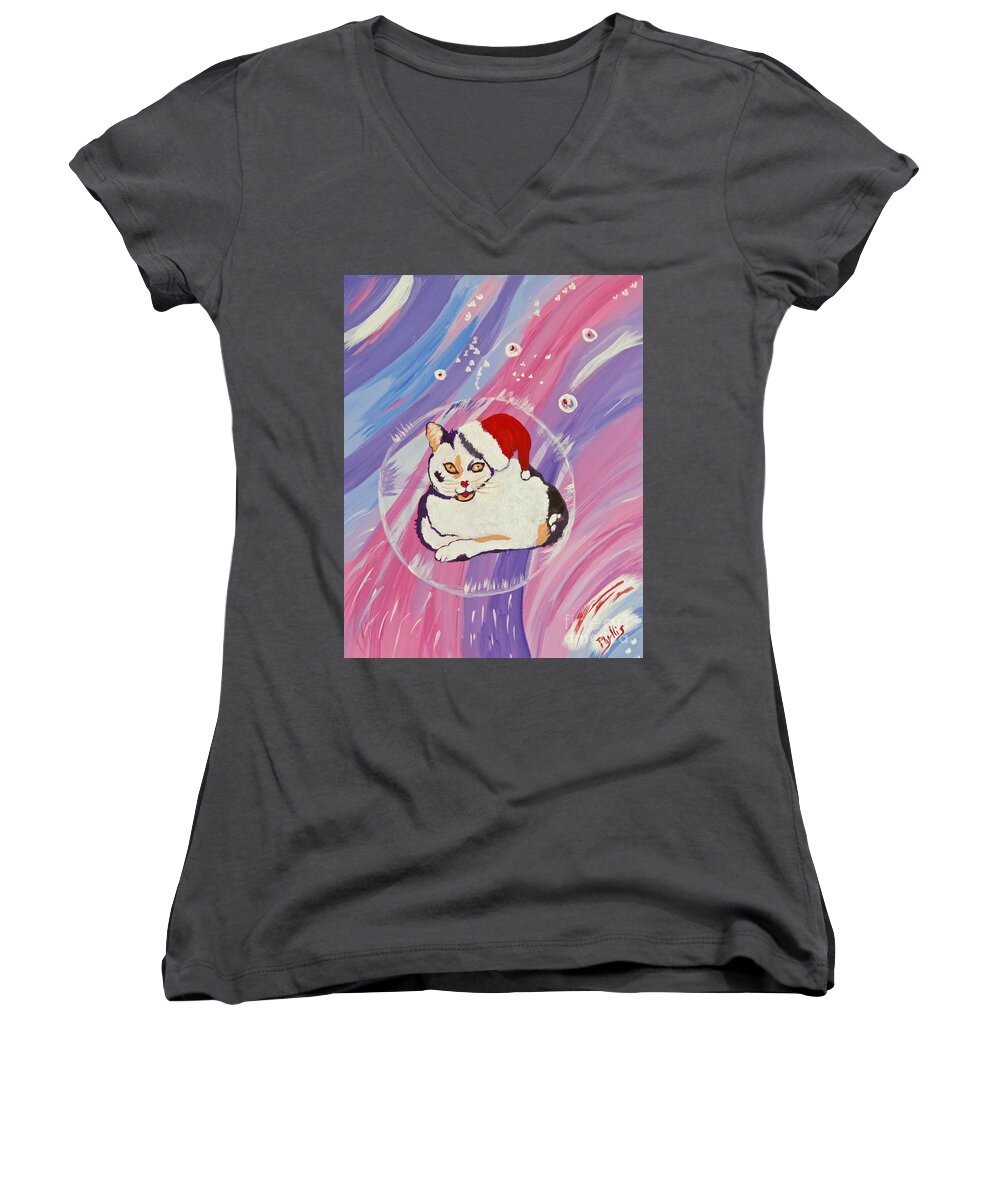 Christmas Cat Women's V-Neck featuring the painting Christmas is Coming by Phyllis Kaltenbach