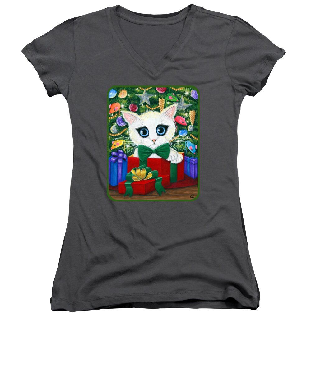 Christmas Cat Women's V-Neck featuring the painting Christmas Kitten Boy - White Cat Present by Carrie Hawks