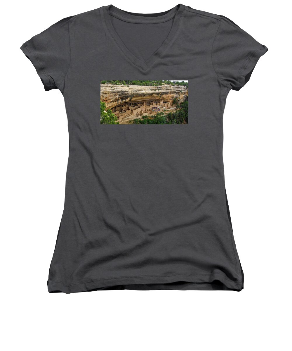 Mesa Verde Women's V-Neck featuring the photograph Cliff Palace by Dale R Carlson
