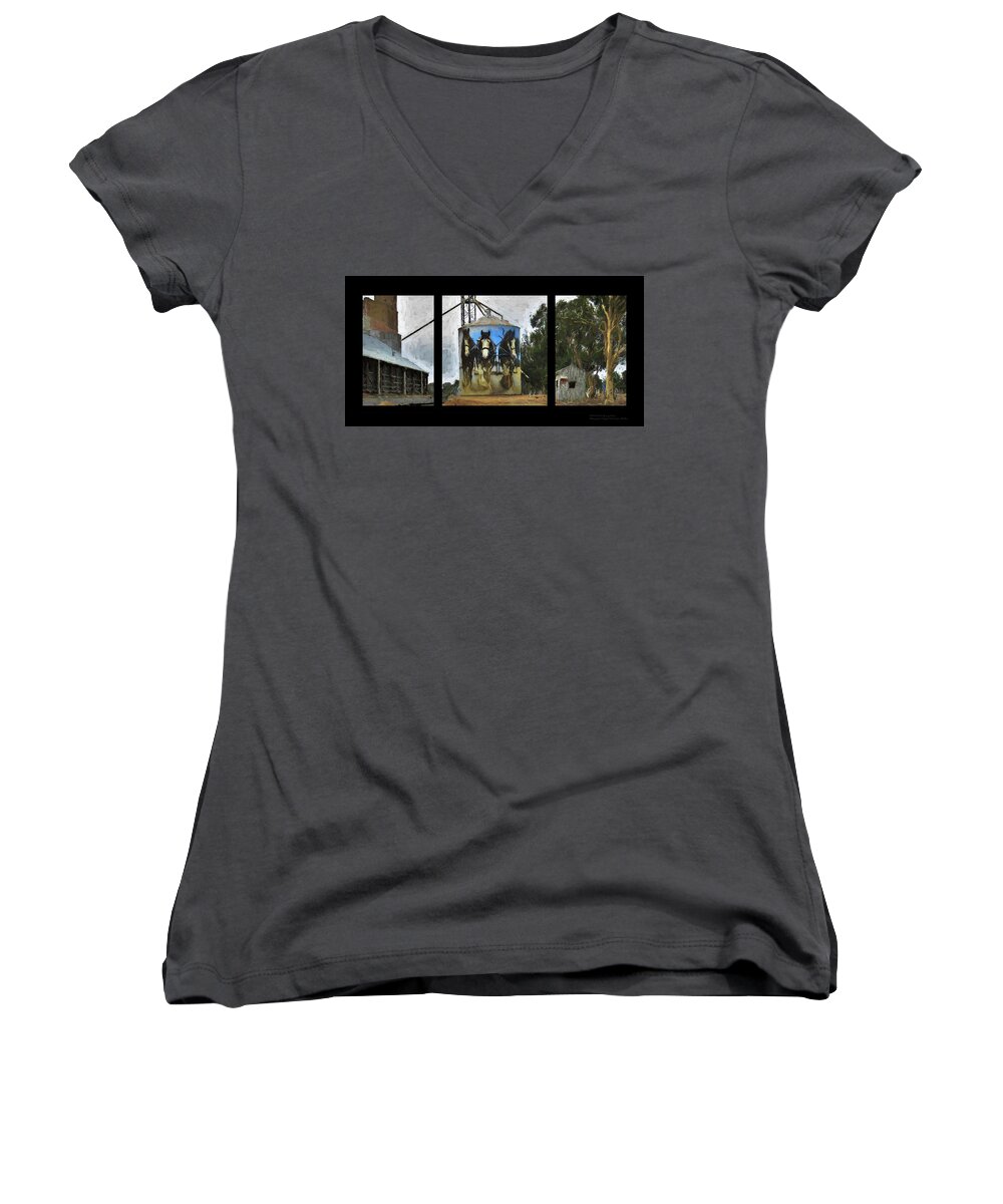 Clydesdales Women's V-Neck featuring the mixed media Clydesdales Clem Sam Banjo Goorambat Silo Art by Joan Stratton