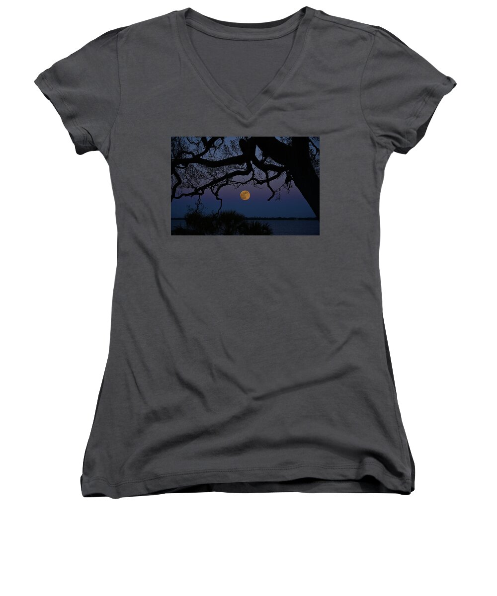 Cold Moon Women's V-Neck featuring the photograph Cold Moon by Ben Prepelka