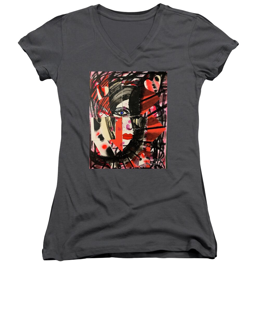 Portrait Of Woman Collage Women's V-Neck featuring the mixed media Collage of Broken Woman by Christine Perry