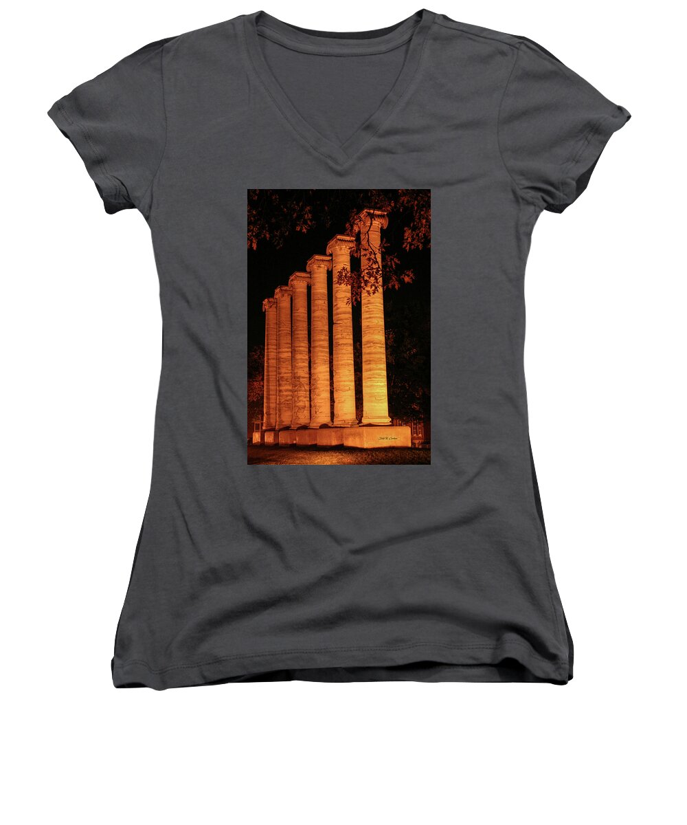Columns Women's V-Neck featuring the photograph Columns Aflame by Dale R Carlson