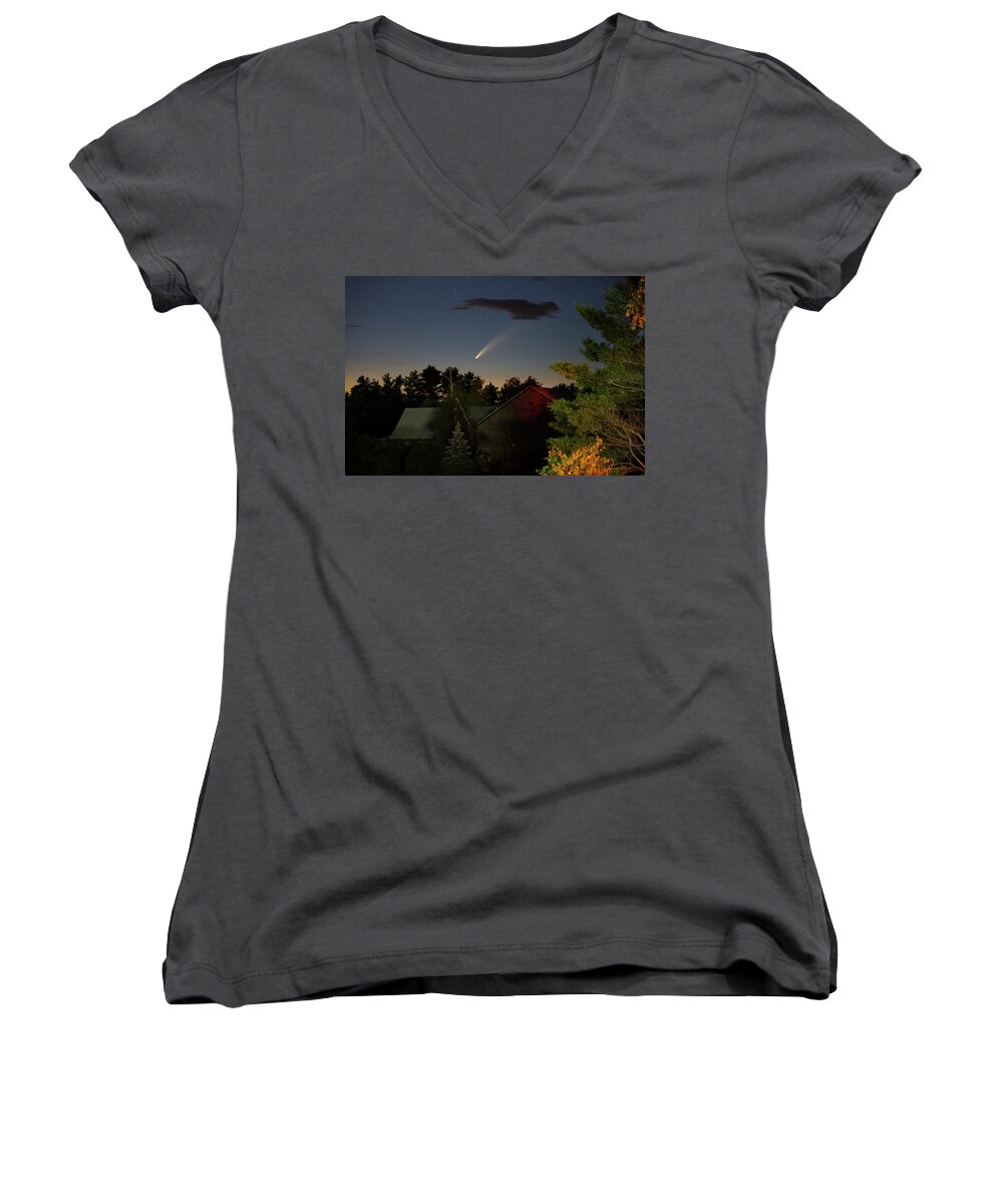 Comet Women's V-Neck featuring the photograph Comet NEOWISE over Barn by John Meader