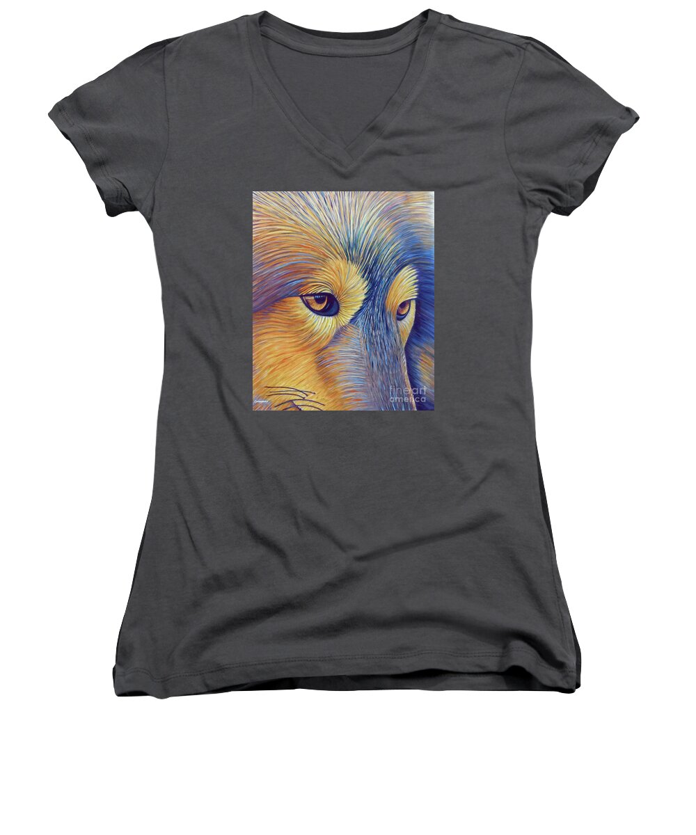 Wolf Women's V-Neck featuring the painting Contemplation by Brian Commerford