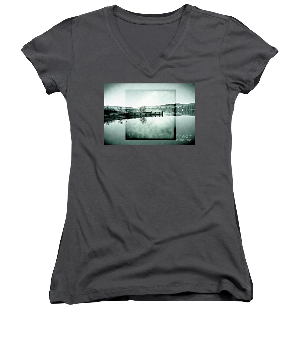 Seeley Lake Women's V-Neck featuring the photograph Cool Morning On Seeley Lake by Janie Johnson