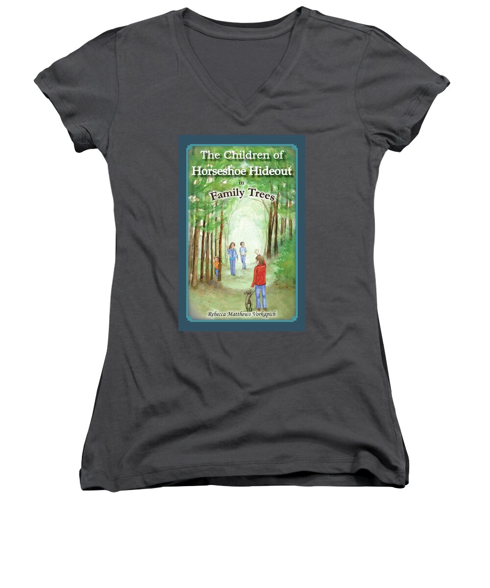 Horseshoe Hideout Women's V-Neck featuring the mixed media Cover for middle-grade novel The Children of Horseshoe Hideout in Family Trees by Rebecca Matthews