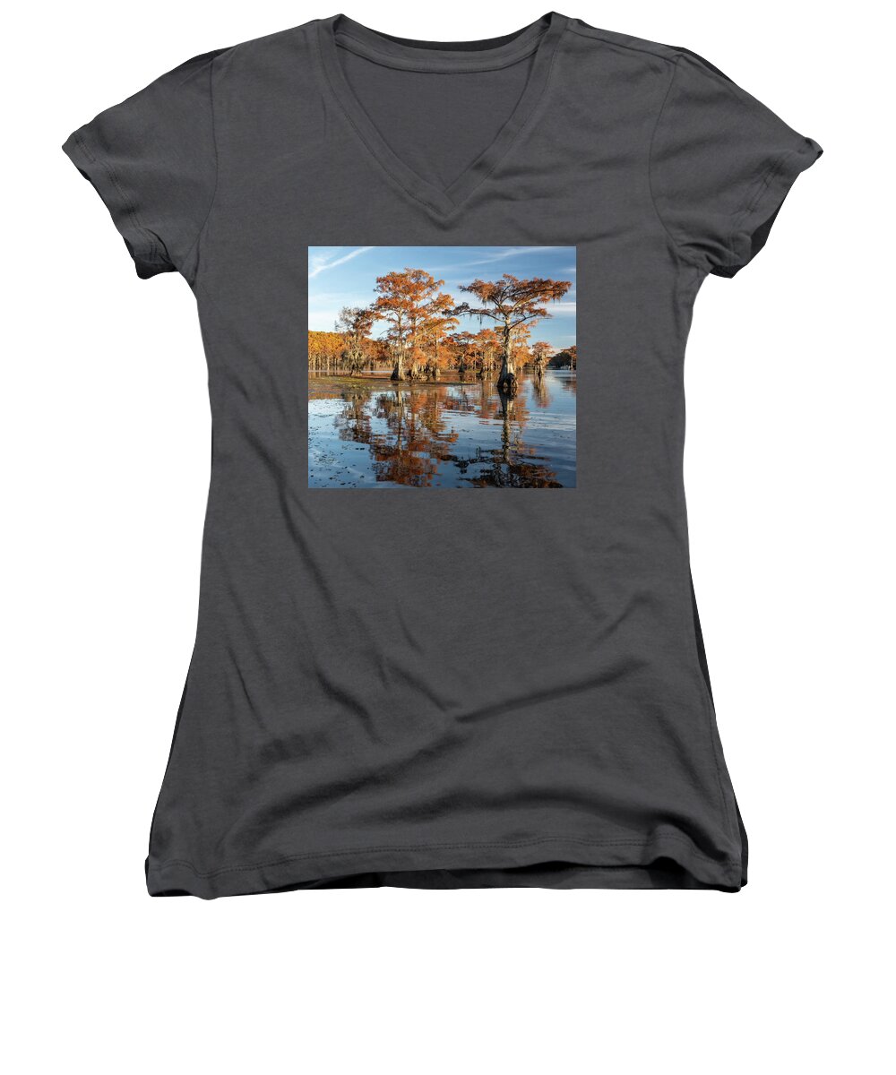 Caddo Women's V-Neck featuring the photograph Cypress Reflection in Caddo by Iris Greenwell
