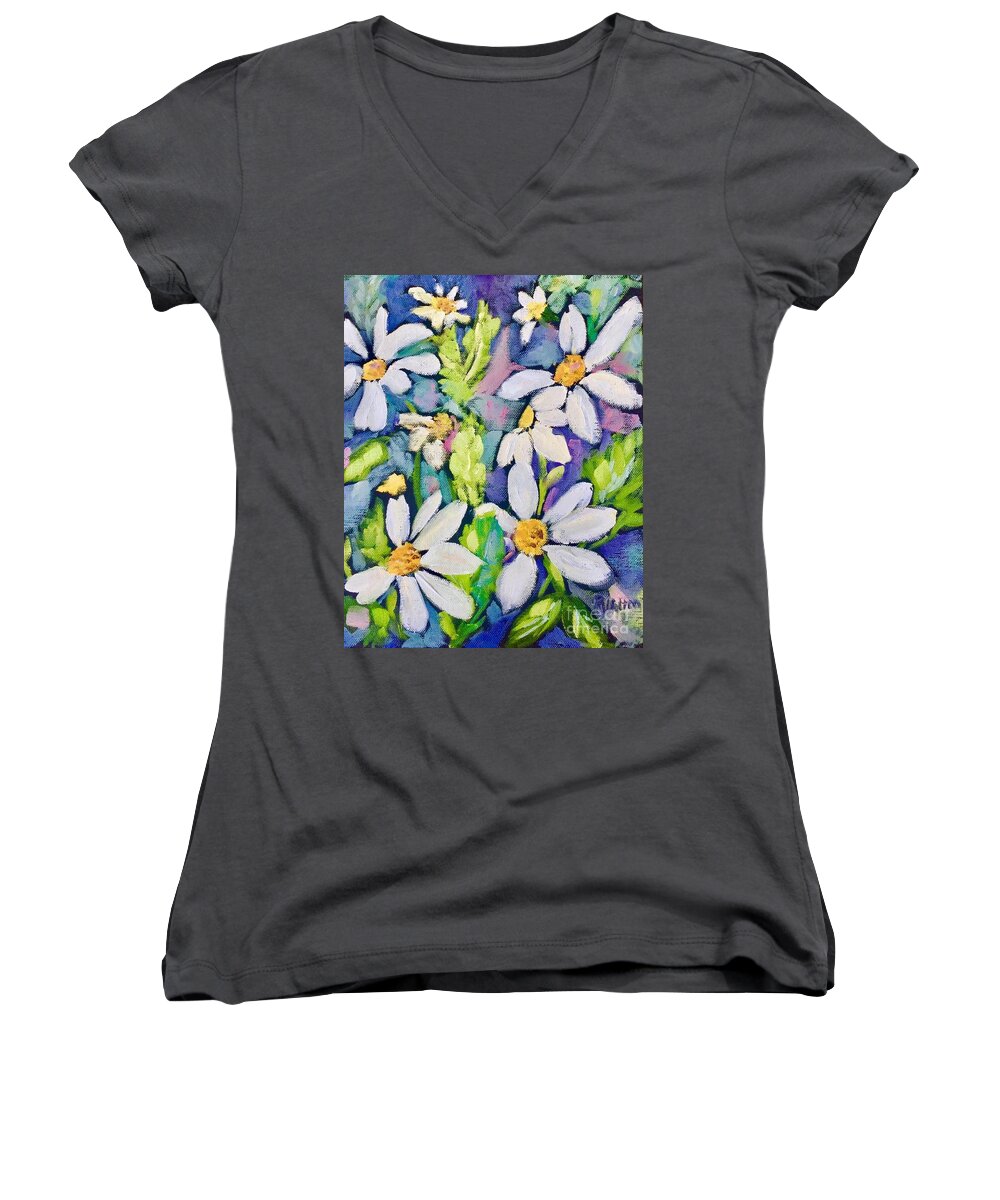 Daisies Sunny Day Field Of Flowers Garden Women's V-Neck featuring the painting Daisies Galore by Patsy Walton