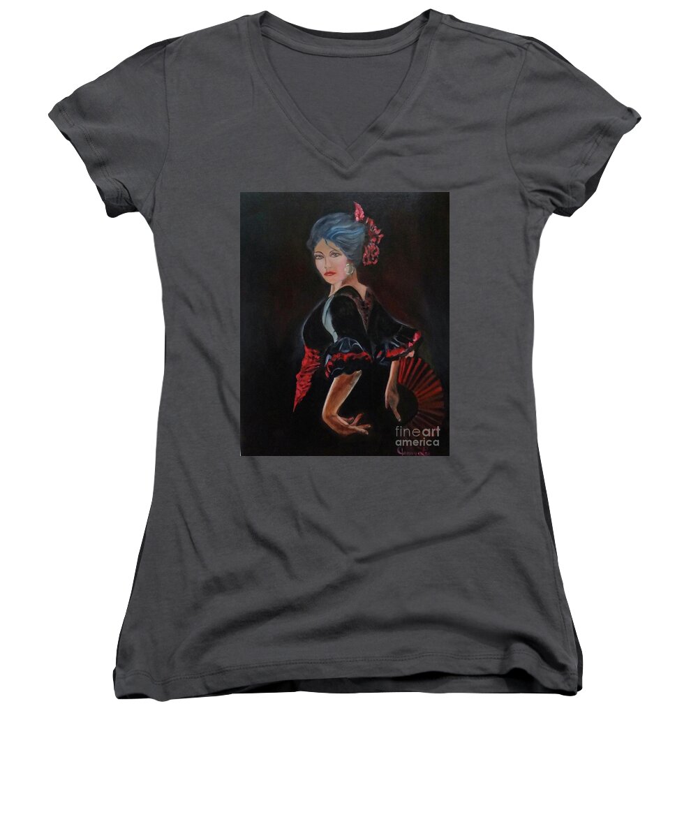 Spanish Dancer Women's V-Neck featuring the painting Dancer by Jenny Lee