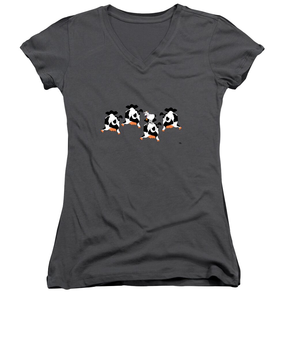Cows Women's V-Neck featuring the painting Dancing Cows by Rachel Lowry