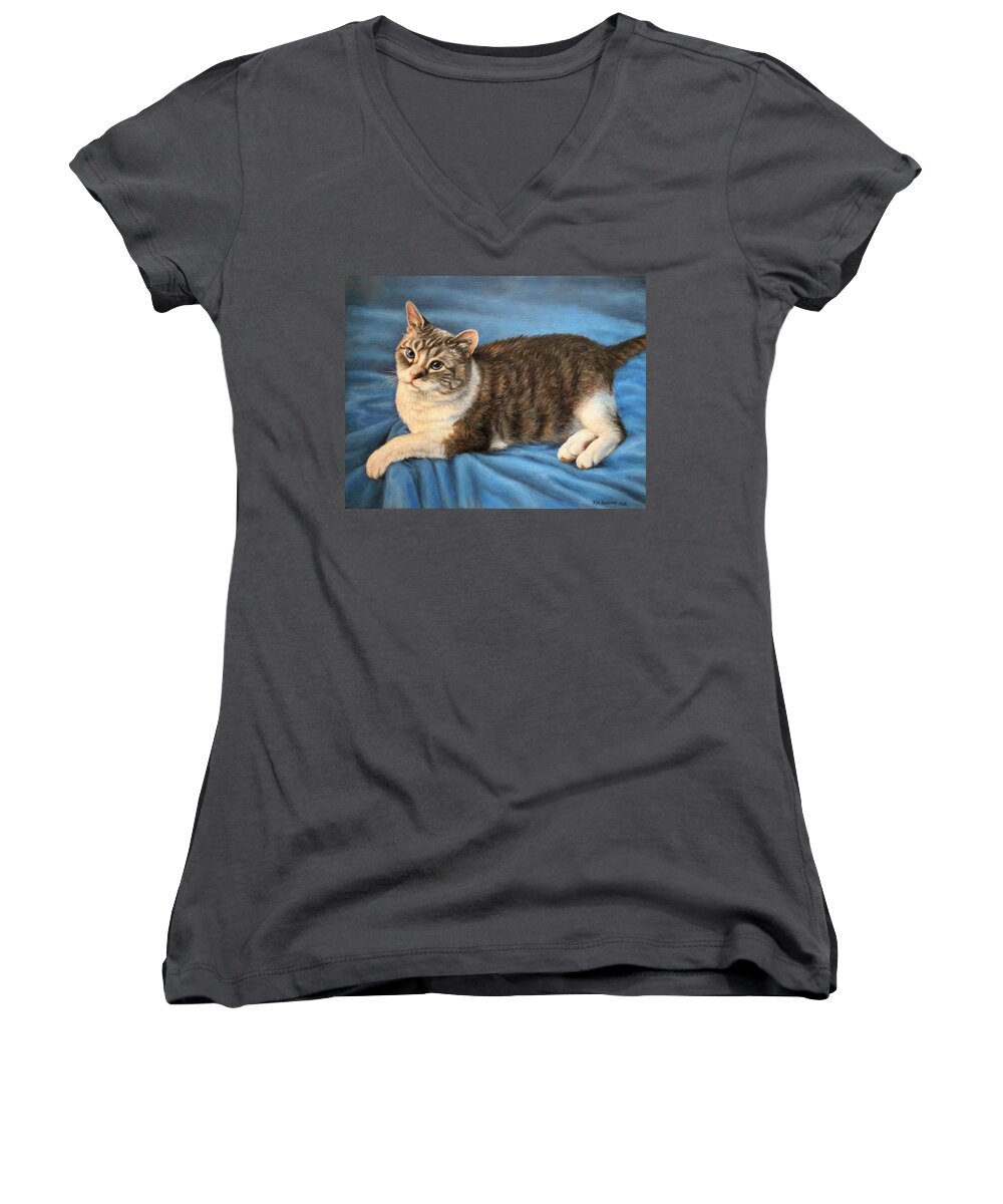 Cat Women's V-Neck featuring the painting Darby by Kim Lockman