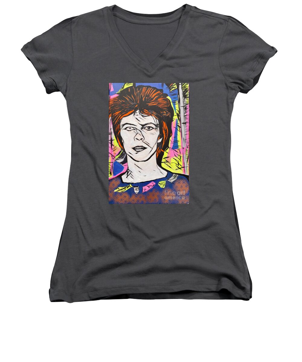 David Bowie Women's V-Neck featuring the painting David Bowie by Jayime Jean