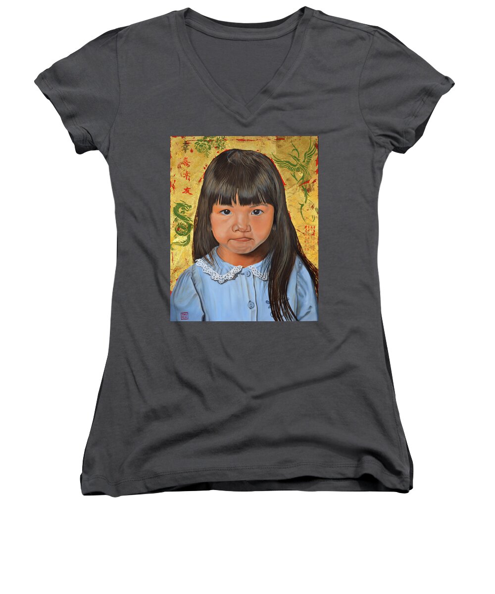 Oil Painting Women's V-Neck featuring the painting Determination by Thu Nguyen