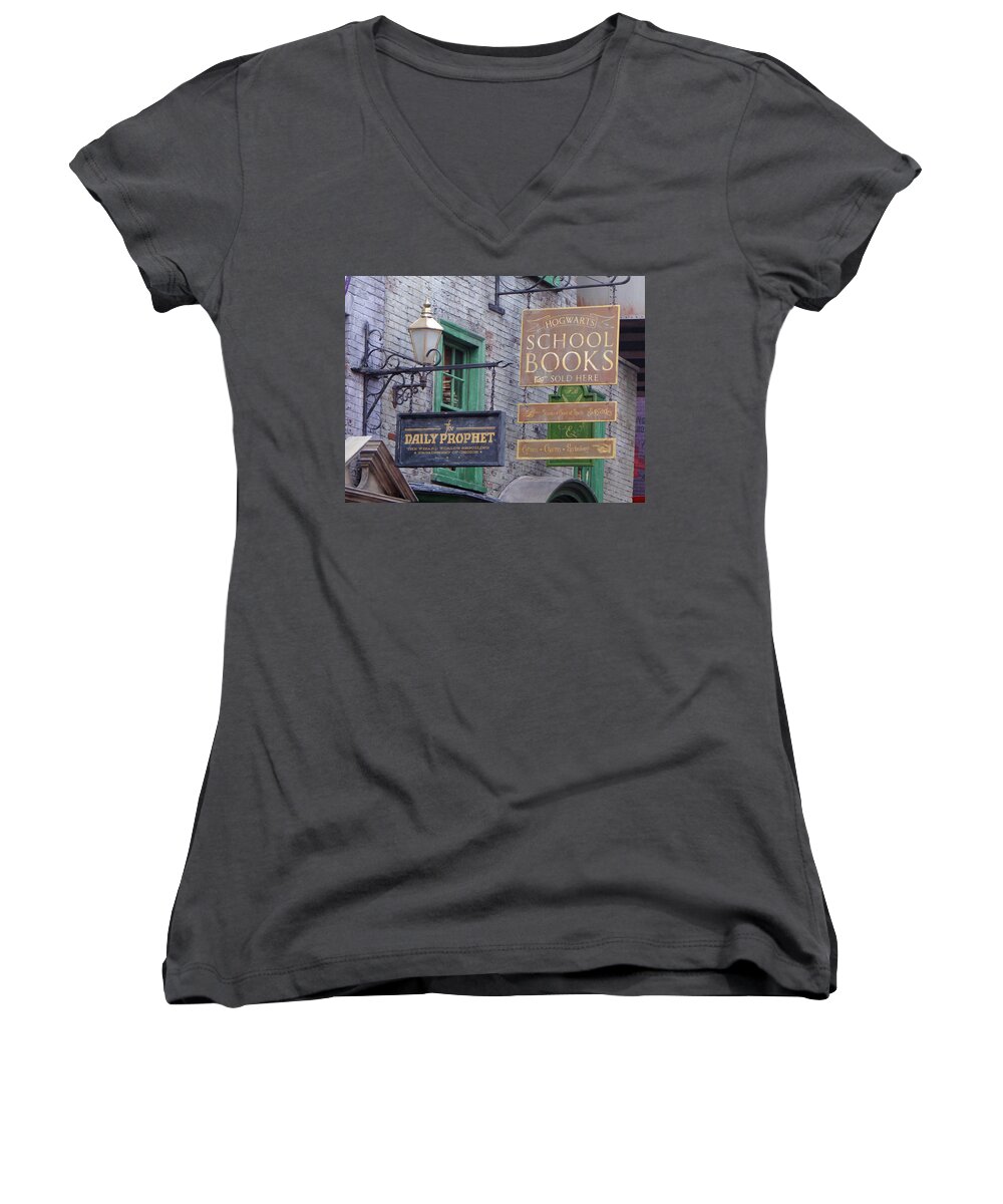 Harry Potter Women's V-Neck featuring the photograph Diagon Alley Signs by Julia Wilcox