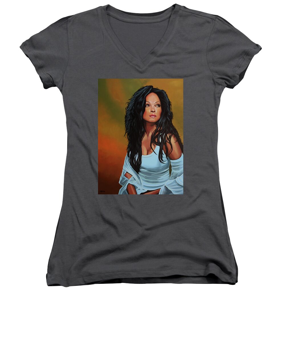 Diana Ross Women's V-Neck featuring the painting Diana Ross Painting by Paul Meijering