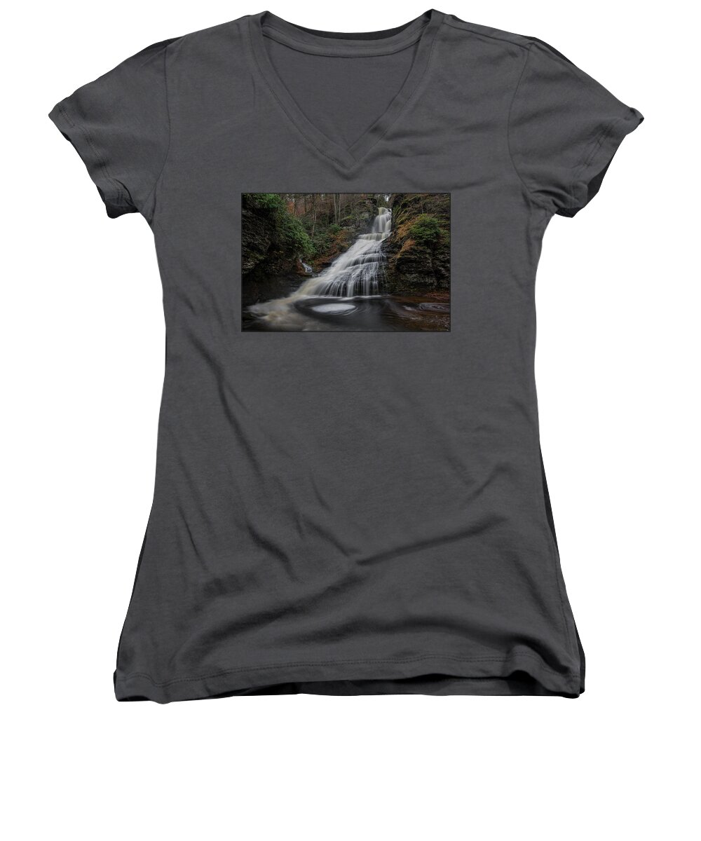 Waterfall Women's V-Neck featuring the photograph Dingmans Falls by Erika Fawcett