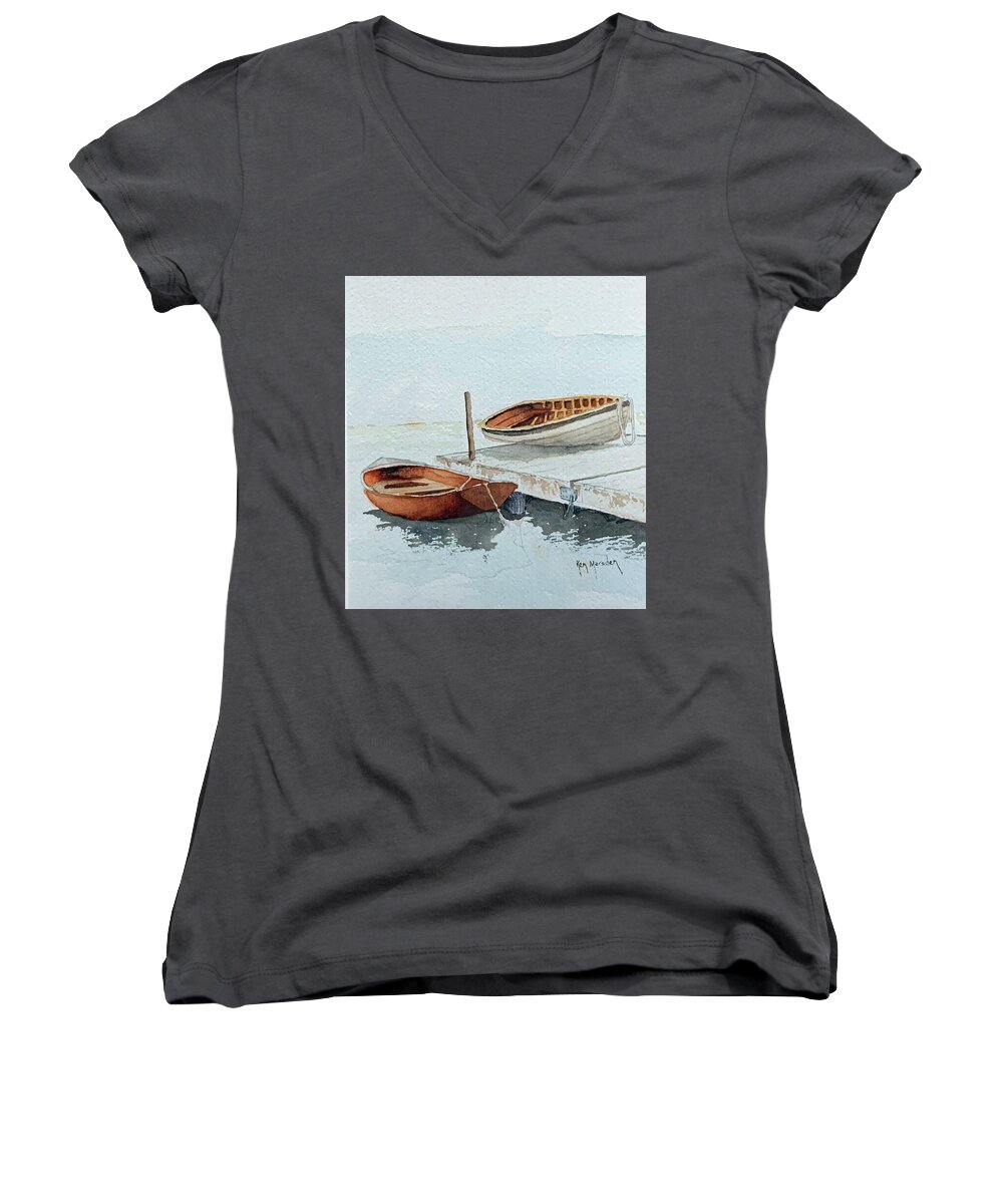 Dingy Women's V-Neck featuring the painting Dockside by Ken Marsden