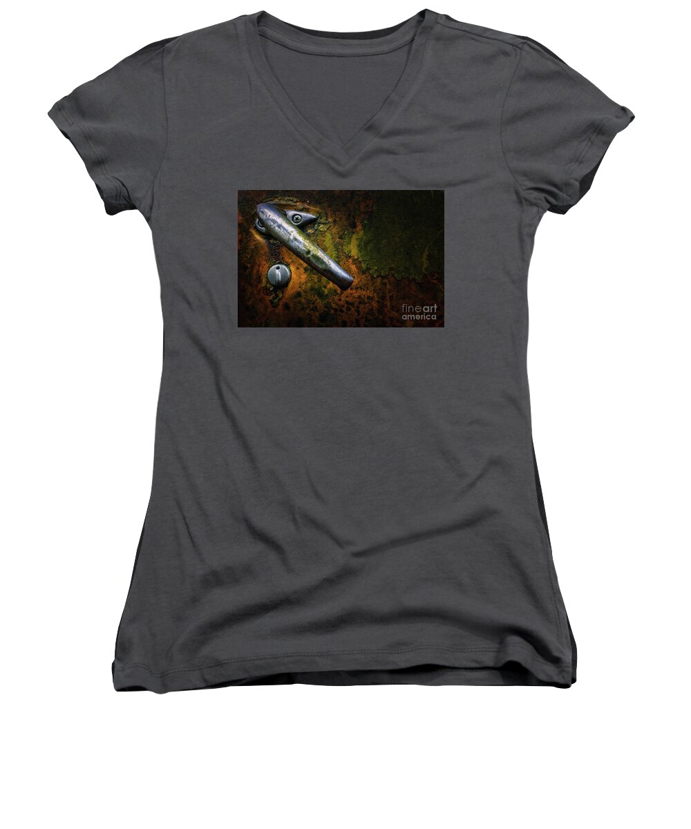 Old Car Door Handle Women's V-Neck featuring the photograph Done Handling by Doug Sturgess