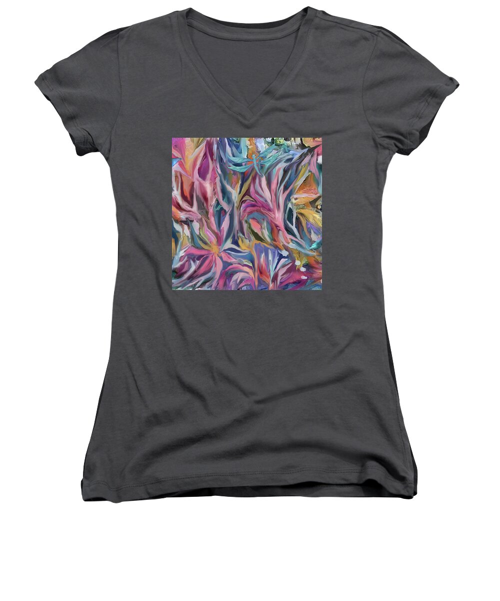 Abstract Flowers Women's V-Neck featuring the digital art Dragonflies in the Garden by Jean Batzell Fitzgerald