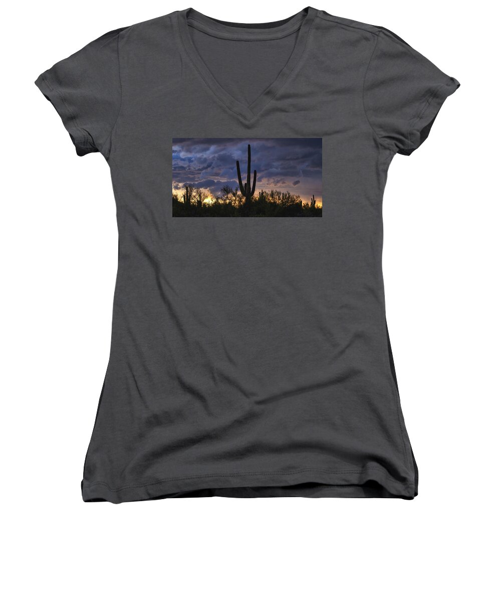 Saguaro Sunset Women's V-Neck featuring the photograph Dramatic Sunset Skies Of The Sonoran by Saija Lehtonen