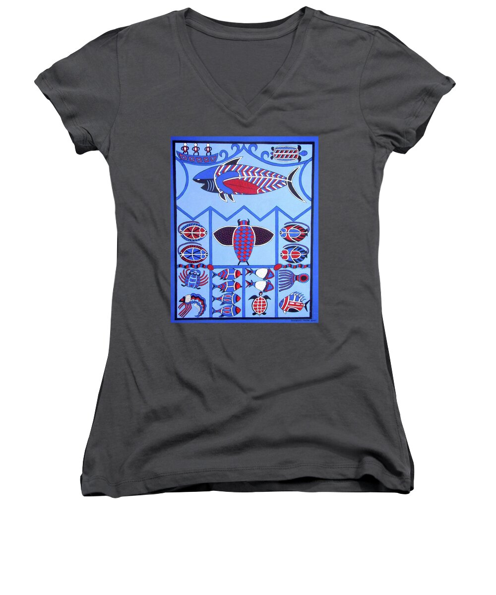 Shark Women's V-Neck featuring the painting Dreamtime by Stephanie Moore