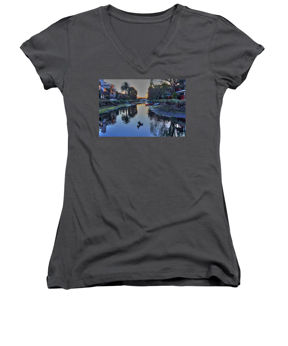 Venice Beach Women's V-Neck featuring the photograph Ducks In Canal by Richard Omura