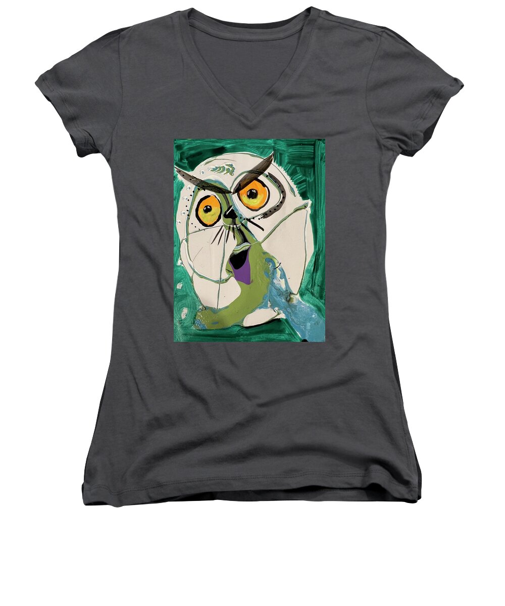 Owl Cute Modern Fun Happy Women's V-Neck featuring the painting Egg Owl by Laurel Bahe