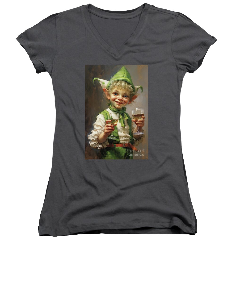 Christmas Elf Women's V-Neck featuring the painting Elf After Hours by Tina LeCour