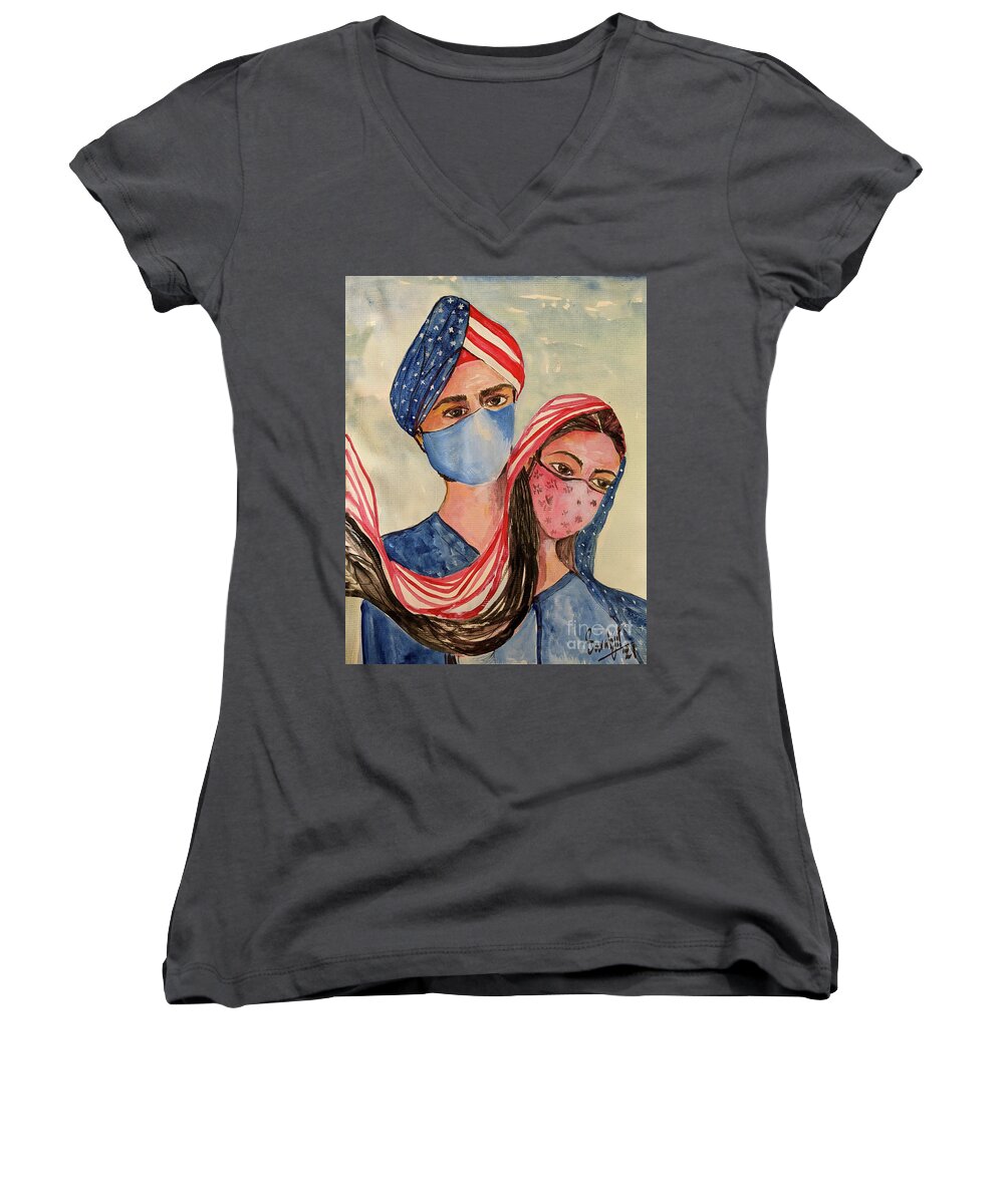 Freedom Women's V-Neck featuring the painting Embracing freedom by Sarabjit Singh