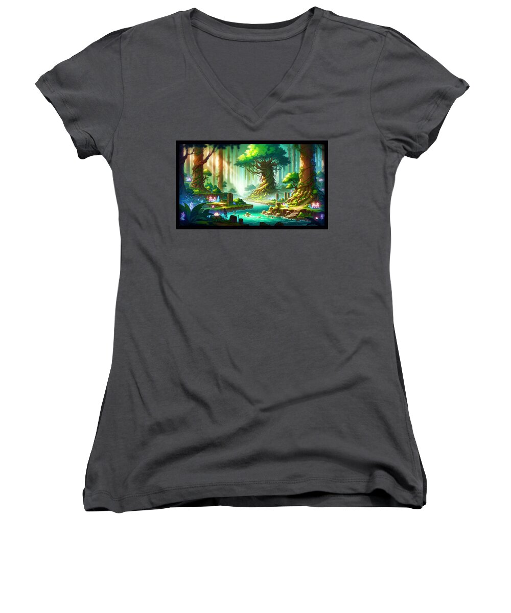 Thomas Kinkade Women's V-Neck featuring the digital art Enchanting Forest by Shawn Dall