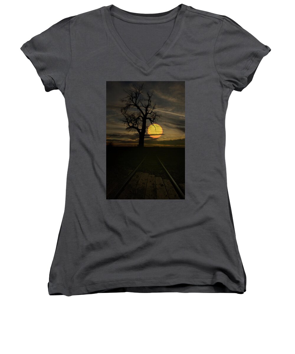 Sunset Women's V-Neck featuring the photograph End of the Tracks by Aaron J Groen