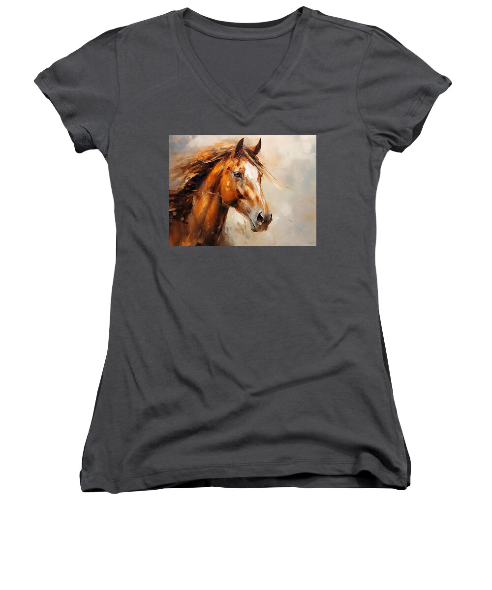 Horse Racing Women's V-Neck featuring the painting Equine Prestige - Horse Paintings by Lourry Legarde
