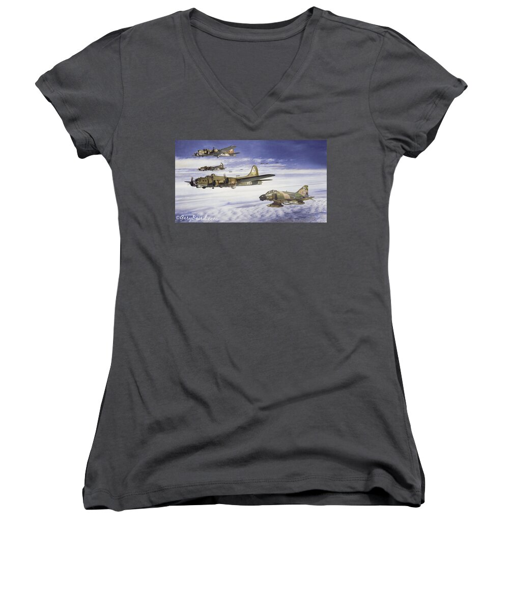 F4 Phantom Jet Fighter Women's V-Neck featuring the digital art Escorted Home After A long Mission by Gary Baird