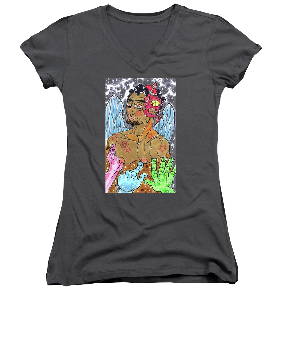 Shannon Hedges Women's V-Neck featuring the drawing Euphoria by Shannon Hedges