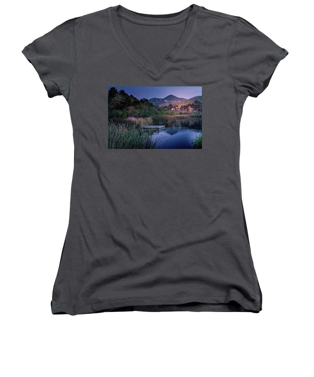 Lake Women's V-Neck featuring the photograph Evening at the Lake by Alison Frank